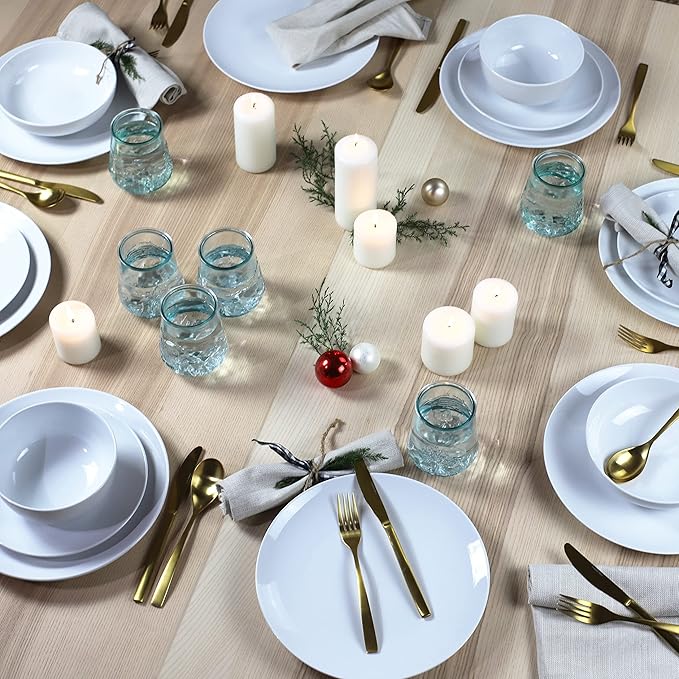 Euro Ceramica Bianco &amp Bara 24 Piece Dinnerware Set (Combination Pack) Set Includes 6 Bara Recycled Glass 14oz Tumblers + Bianco 18 Pieces Dishware Standard