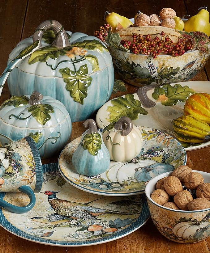 Harvest Gatherings 16-Piece Ceramic Dinnerware Set Service for 4 – Multicolor Fall Plates Bowls &amp Mugs with Pumpkin &amp Pheasant Design – Autumn Tableware for Thanksgiving Cabin &amp Holiday