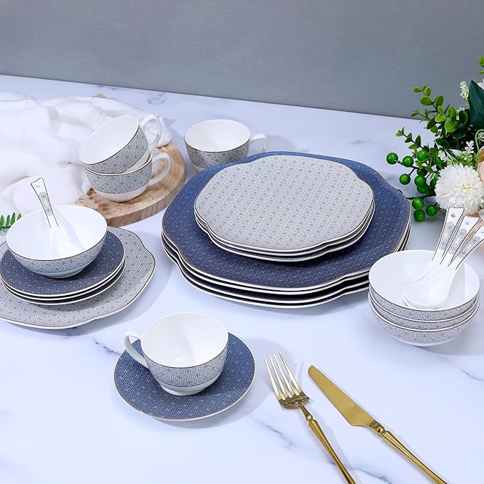 Blue 24 Piece Porcelain Dinnerware SetBone china for 4 Plates and Bowls Sets With Grid pattern Highly Chip and Crack Resistant | Dishwasher Safe Dishes Set (Deep Blue + Grid)