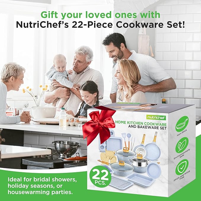 NutriChef 22‑Piece Non‑Stick Ceramic Pots and Pans Set – For All Cooktops Including Induction – PTFE &amp PFAS Free Includes Bakeware &amp Utensils