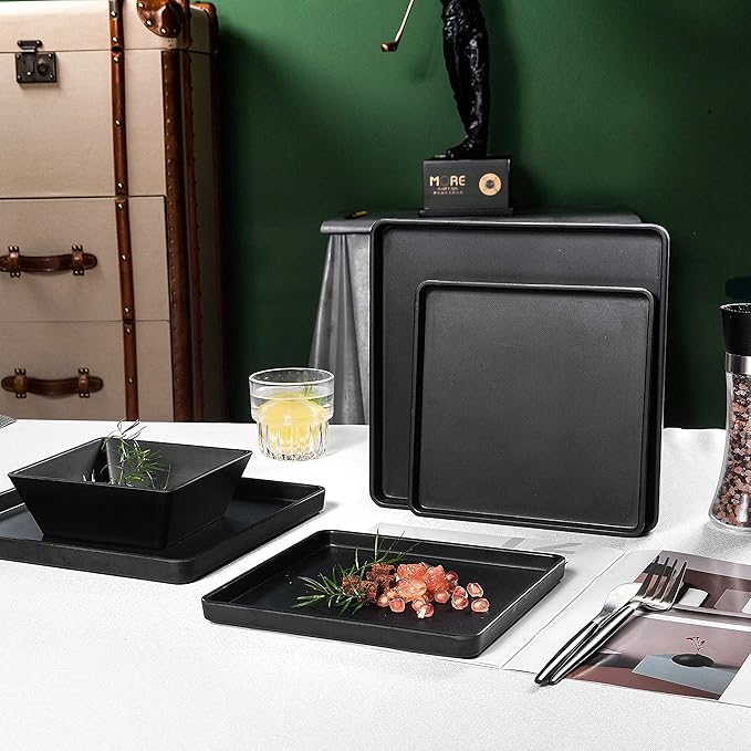 Melamine Dinnerware Sets - 12pcs Square Plates and Bowls Set Dishes Set Black