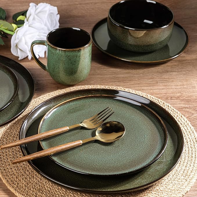 LERATIO Ceramic Dinnerware Sets for 416-PieceReactive Glaze Plates and Bowls Set with MugsHighly Chip and Crack Resistant | DishwasherMicrowave &amp Oven Safe Dishes set-Green