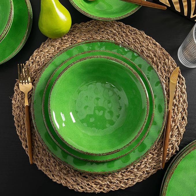 LEHAHA Vintage Crackle Melamine Dinnerware Sets 12 Piece Plates and Bowls Sets Great for Camping RV. Durable and Chip Resistant Farmhouse Dishes Set Service for 4(Green)