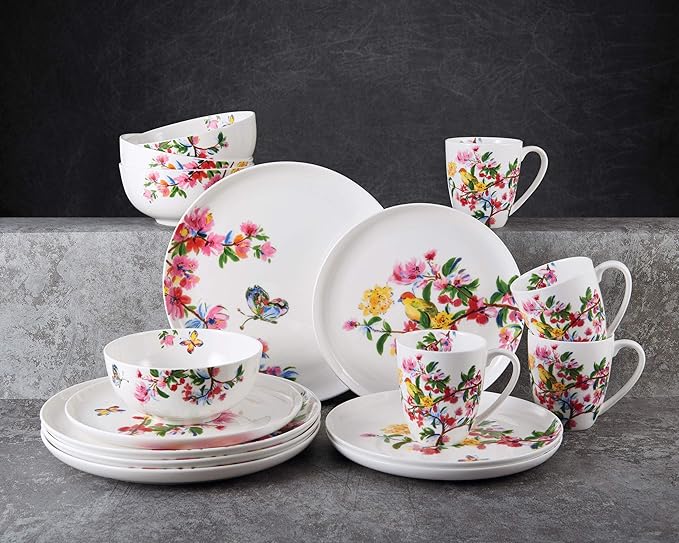Mikasa Butterfly Garden Bone China Lightweight Chip Resistant 16-Piece Dinnerware Set Service For 4