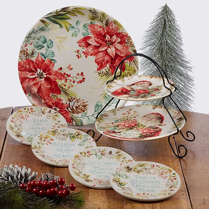 Christmas Story 16pc Dinnerware Set – Service for 4 with Santa Plates Bowls &amp Mugs – Vintage Holiday Ceramic Set Featuring Festive Art Red Accents &amp Seasonal Charm