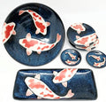 Made in Japan Koi Fish Ceramic Dinnerware Set – 6-Piece Blue &amp Red Plates and Bowls | Hand-Painted Carp Motif | Dishwasher Safe | Japanese Tableware Gift Set