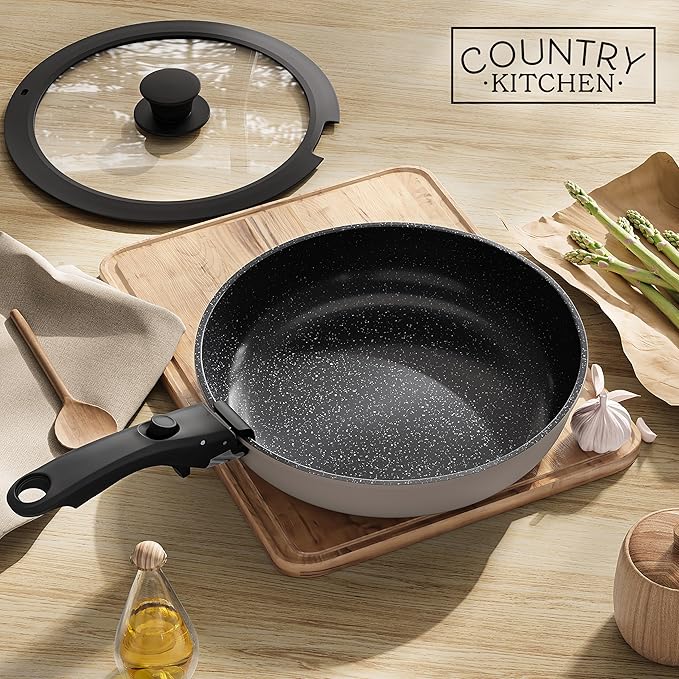 Country Kitchen Cookware Set with Removable Handle Oven &amp RV Safe Pots and Pans Set Grey/Black Original