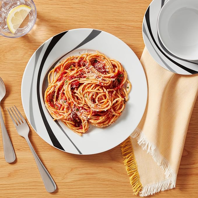 Amazon Basics 18-Piece Complete Kitchen Dinnerware Set Microwave and Dishwasher Safe Plates Dishes Bowls Swirl Heat Resistant Service for 6 Everyday Use