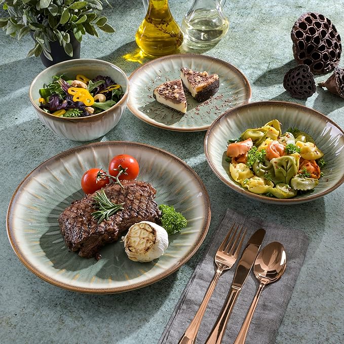 Gibson Elite Mayfair Bay 16-Piece Embossed Double Bowl Dinnerware Set Service for 4 – Green Stoneware Plates and Bowls