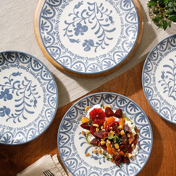 Bloomhouse - 2-Time Oprah’s Favorite Things - Valencia Flor 4 Piece 10.75” Dinner Plate Set Stoneware Plates Mediterranean Floral Decal Design Microwave &amp Dishwasher Safe Iris Blue