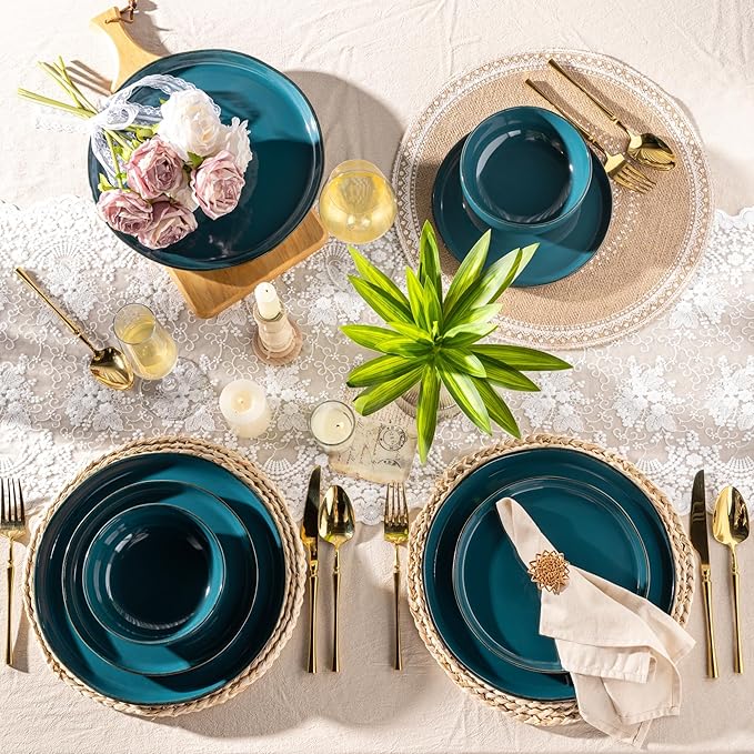 AmorArc Ceramic Dinnerware Sets for 4 12 Pieces Handpainted Plates and Bowls Set with Rustic Terracotta Underside Scratch Resistant Stoneware Dishes Set Dishwasher &amp Microwave Safe