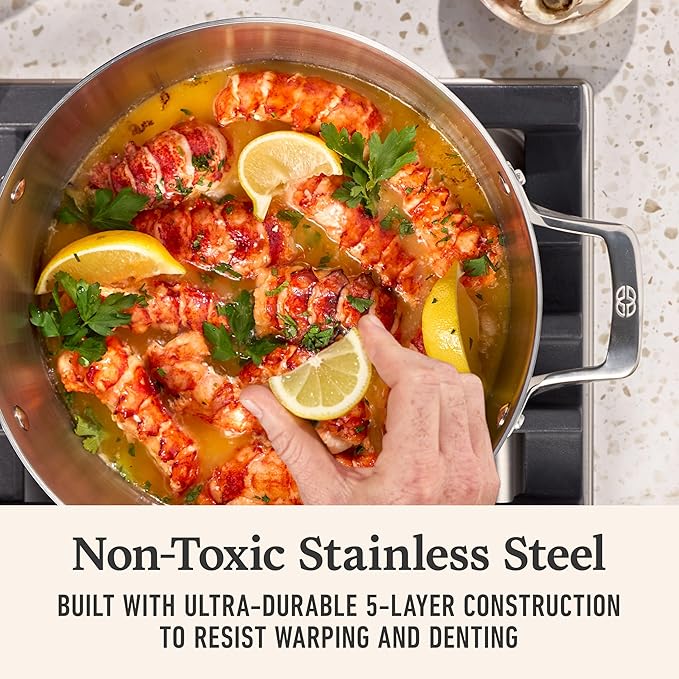 Calphalon Premier Polished 5-Ply Stainless Steel Cookware w/Turbo Heat Tech 6Qt Stock Pot with Lid Induction Oven Safe 500F PFOA Free Polished Stainless Silver
