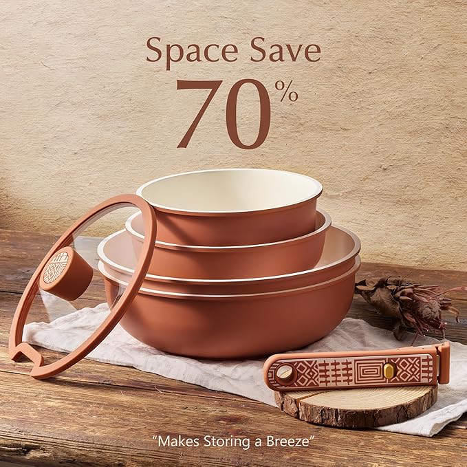 CAROTE 21-Piece Ceramic Cookware Set Nonstick Pots and Pans Set with Detachable Handle Non-Toxic Kitchen Cooking Set Induction Compatible Dishwasher &amp Oven Safe Terracotta