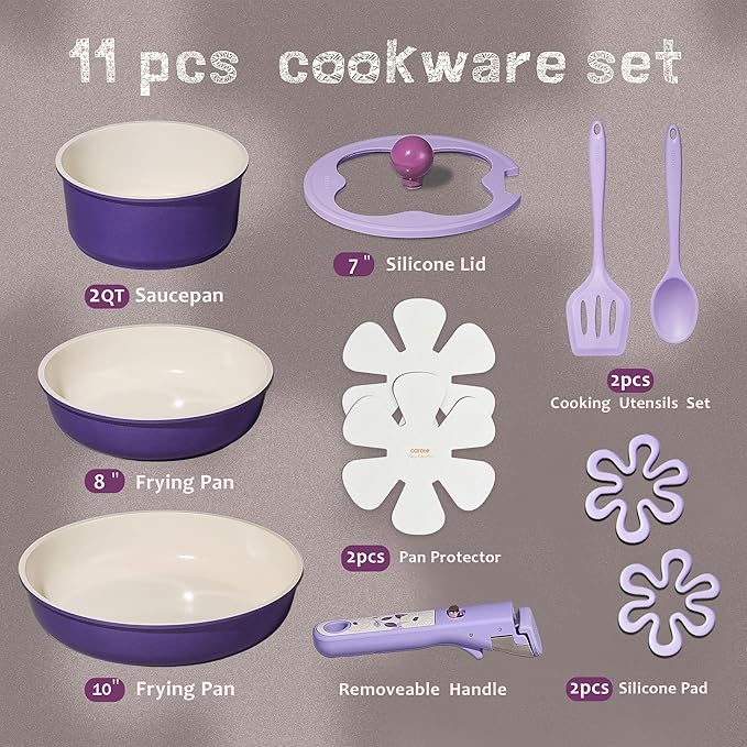 CAROTE 11pcs Ceramic Cookware Set Pots and Pans Set Non stick Induction Kitchen Cookware with Removable Handle RV Dishwasher ＆ Oven Safe RV/Camping Cookware PFOA Free Purple