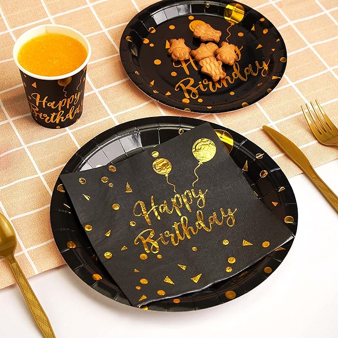 200 pieces of black and gold birthday party supplies disposable happy birthday tableware set gold plastic knives forks spoons straws. Birthday themed tray cup25Guests (black)