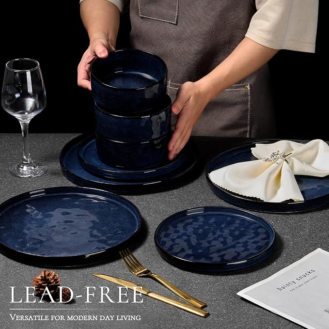Vesteel Dinnerware Sets 12-Piece Stoneware Plates and Bowls Set Dishes Set for 4 Elegant Ceramic Dinnerware for Home Restaurant - Ocean Blue