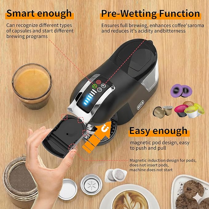 KOTLIE EM-308B Espresso Machine Single Serve Coffee Maker Compatible with Multiple Capsule Types Ground Coffee and ESE Pods 3 Temperatures 7 Water Volume Levels 34 Oz (Black)