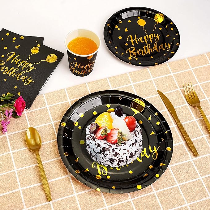 200 pieces of black and gold birthday party supplies disposable happy birthday tableware set gold plastic knives forks spoons straws. Birthday themed tray cup25Guests (black)