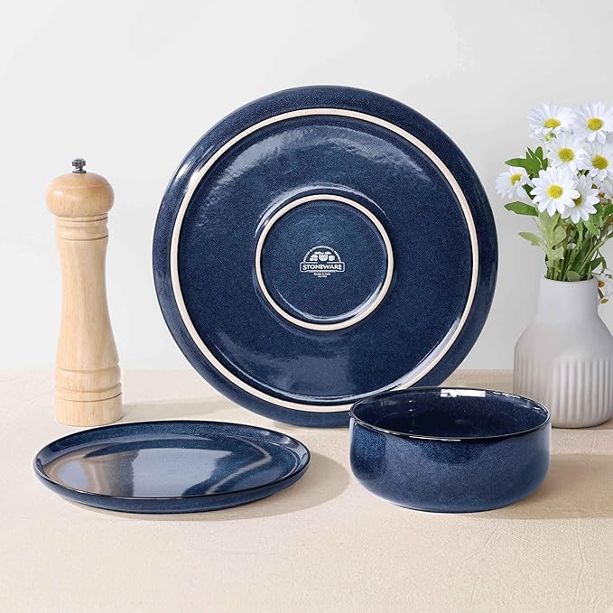 Herogo 16 Pieces Stoneware Dinnerware Set Service for 4 Dinner Plates and Bowls Sets Double Reactive Glaze Dishes Set for Kitchen Scratch Resistant Microwave &amp Dishwasher Safe Starry Blue