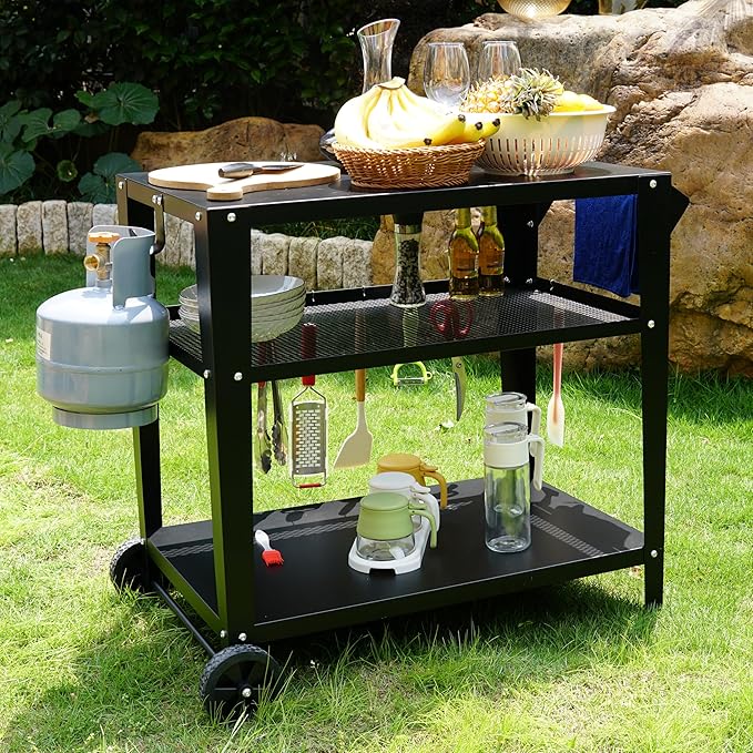 Black Outdoor Grill Cart with Wheels Heavy-Duty 3-Tier BBQ Prep Table for Pizza Oven Griddle Patio – Rustproof Commercial Kitchen Cart with Tool Hooks