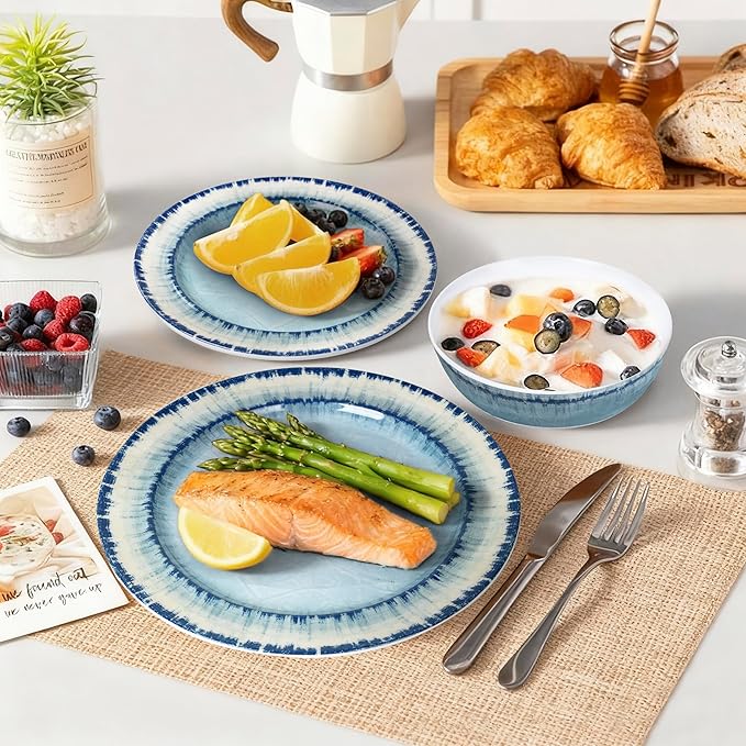 AELS Melamine Dinnerware Set of 12 Pcs Dinner Dishes Set for Indoor and Outdoor Use Dishwasher Safe Lightweight Unbreakable BPA Free Light Blue