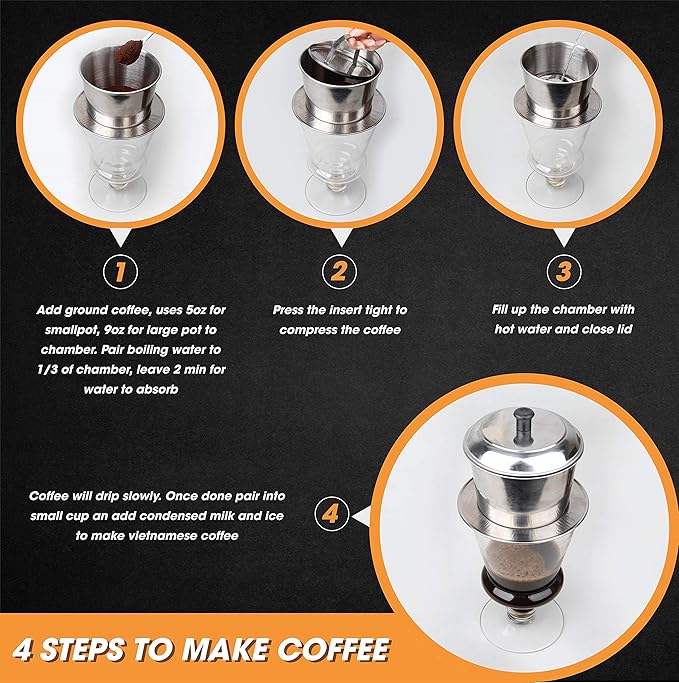 Large Vietnamese Coffee Maker - 10 Cup Stainless Steel French Press Style Coffee Pot with Pour Over Dripper Portable