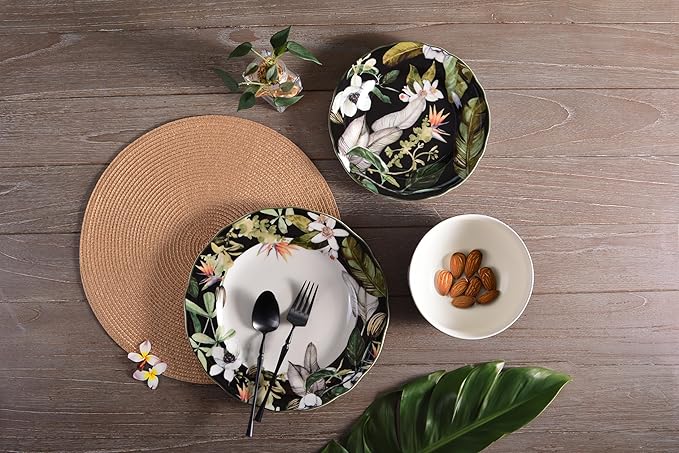 222 Fifth 12-Piece Porcelain Dinnerware Set for 4 Black &amp White Plates and Bowls Set with Tropical Floral Design Glossy Ceramic Dish Set Kitchen Tableware Microwave &amp Dishwasher Safe Born