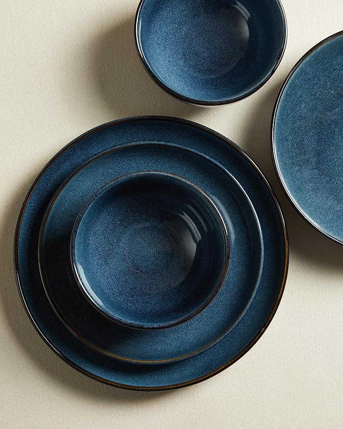 24 Piece Double Bowl Dinnerware Sets with Pasta Bowls Highly Chip and Crack Resistant Plates and Bowls Sets Natural Earthyware Ceramic Dishware Sets Service for 6 Starry Blue
