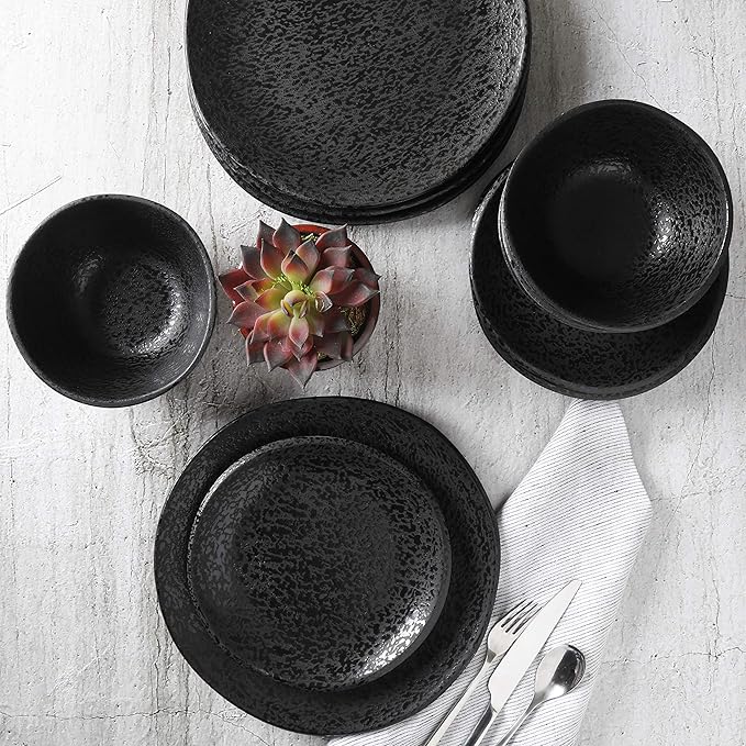 Gibson Home Yoko Round Melamine Plastic Dinnerware Set Service for Four (12pcs) Matte Black