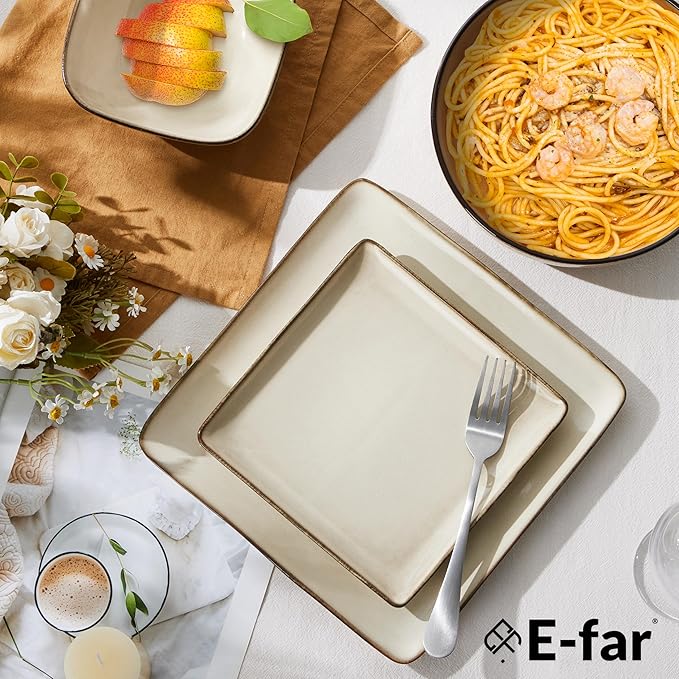 E-far Square Plates and Bowls Sets 12-Piece Stoneware Dinnerware Sets for 4 Reactive Glaze Dish Set Chip and Scratch Resistant Microwave and Dishwasher Safe Sandy Beige