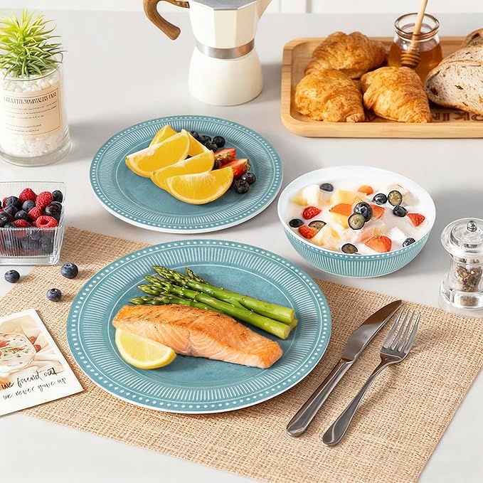 AELS Melamine Dinnerware Set of 12 Pcs Dinner Dishes Set for Indoor and Outdoor Use Melamine Plates and Bowls Set for 4 Dishwasher Safe Lightweight Unbreakable BPA Free Green
