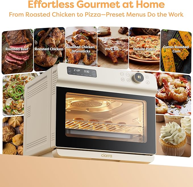CIARRA 12-in-1 Countertop Steam Oven with Air Fryer 25.4QT Steam Air Fryer Combo Nosh Oven Pro - Convection Toaster Bake Self-Clean Dehydrate Ferment White