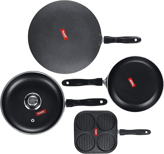 Sumeet NonStick Musta Cookware Set (Mini Multi Snack Maker - 4 Cavity -19.5cm + Frypan with Glass Lid - 1.5Ltr - 22Cm Dia + Tapper pan - 0.6Ltr - 20Cm Dia + Conceve/Roti Tawa - 28Cm Dia)