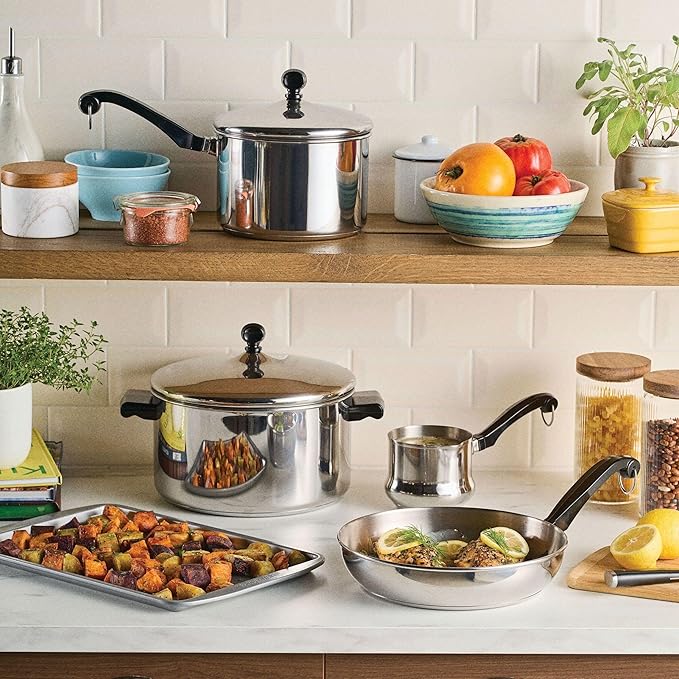 Farberware Classic Series Stainless Steel Pots and Pans with Baking Sheet Pan Cooking Tools and Lids Induction Ready Dishwasher Safe 10 Piece Cookware Set Metal Utensil Safe - Stainless Steel
