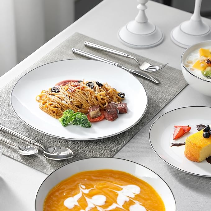 MALACASA 24-Piece Gourmet Porcelain Dinnerware Sets Modern White with Black Rim Round Dish Set for 6 - Premium Serving Plates and Bowls Sets for Dessert Salad Soup Pasta - Series AMELIA