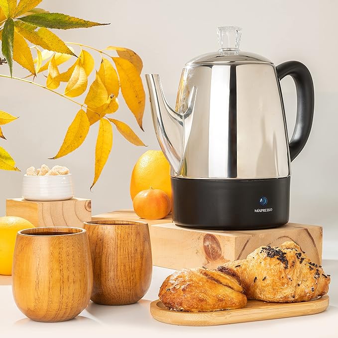 Mixpresso Small Electric Percolator Coffee Pot 4 Cup Stainless Steel - Coffee Percolator Electric with Keep Warm Function - Auto Shut-Off for Safe Daily Brewing