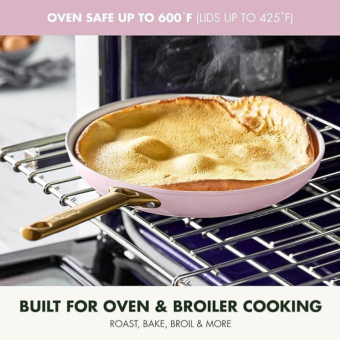 GreenPan Hard Anodized Healthy Ceramic Nonstick 10 Piece Cookware Pots and Pans Set Gold Handle PFAS-Free Dishwasher Safe Oven Safe Blush Pink