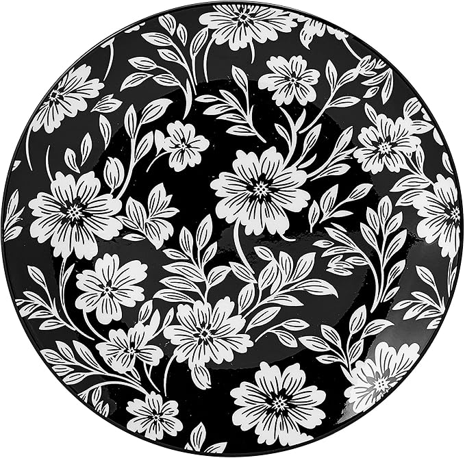 Pfaltzgraff Midnight Blooms 12 Piece Floral Stoneware Dinnerware Plate Bowl Dish Set Service for 4 Black