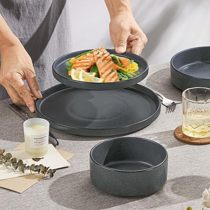 Herogo 16 Piece Plates and Bowls Set Ceramic Dinnerware Sets with Pasta Bowls Kitchen Dinner Ware Dishes Service for 4 Chip &amp Scratch Resistant Dishware Dark Gray