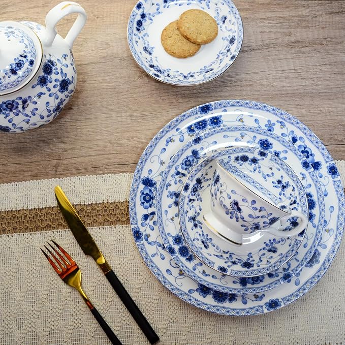 Fine Bone China Dinnerware Set 12-Piece Blue and White Porcelain Dinnerware Set Plates and Bowls Sets Service for 4(Blue A)