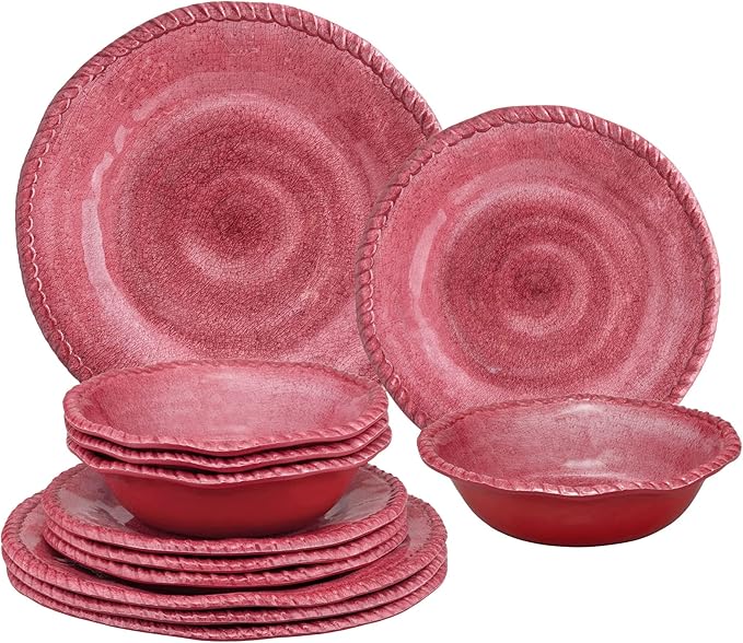 UPware 12 Piece Rope Melamine Dinnerware Sets Outdoor Dishes Set Plates and Bowls Sets Service for 4 Red