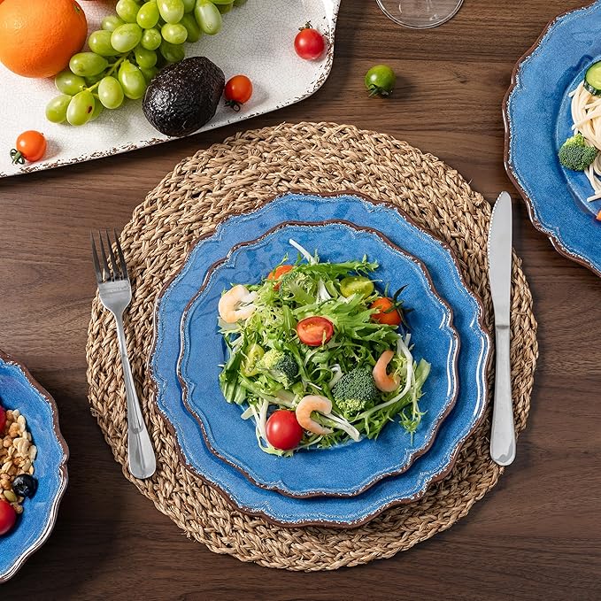 LEHAHA Farmhouse Melamine Dinnerware Sets-Lightweight Durable BPA Free 12 Piece Plates and Bowls Set Blue Dishes Set for Indoor &amp Outdoor Use Perfect for Camping BBQs Parties