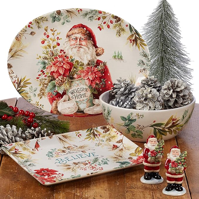 Christmas Story 16pc Dinnerware Set – Service for 4 with Santa Plates Bowls &amp Mugs – Vintage Holiday Ceramic Set Featuring Festive Art Red Accents &amp Seasonal Charm