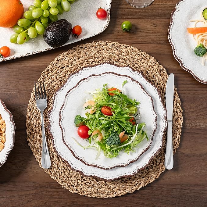 LEHAHA Farmhouse White Melamine Dinnerware Sets 12 Piece Plates and Bowls Set Perfect Weight and Unbreakable Camping Dishes Dinnerware Sets Service for 4 Indoor and Outdoor Use Dishwasher Safe