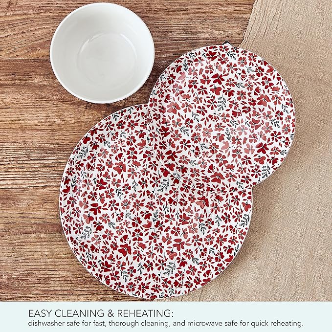 Pfaltzgraff Radiant Blossom 12 Piece Floral Stoneware Dinnerware Plate Bowl Dish Set Service for 4 Red