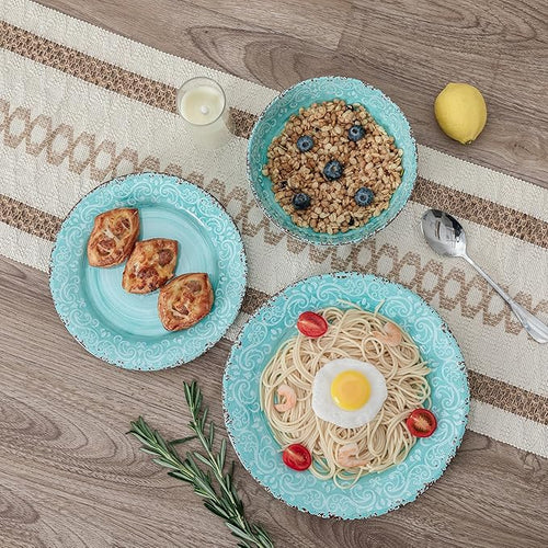 12-Piece Farmhouse Dinnerware Set set of 4 100% Melamine Dishes Serving Set with Plates and Bowls Non-breakable and Lightweight Dinner Set for indoor and outdoor entertaining Light Teal