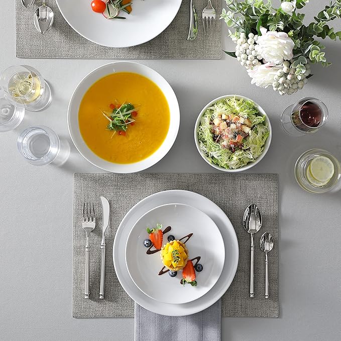 MALACASA 24-Piece Gourmet Porcelain Dinnerware Sets Modern White Round Dish Set for 6 - Premium Serving Plates and Bowls Sets for Dessert Salad Soup Pasta - Series AMELIA