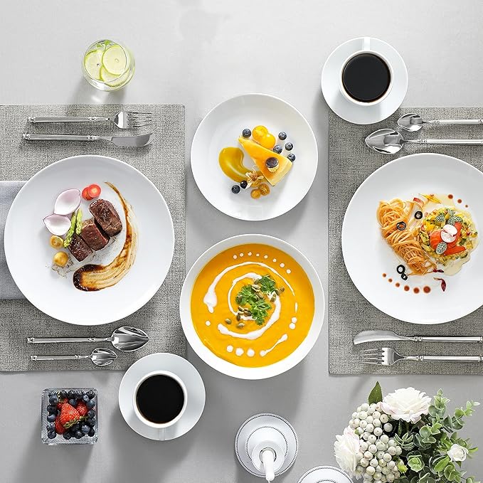 MALACASA 30-Piece Gourmet Porcelain Dinnerware Sets Modern White Round Dish Set for 6 - Premium Serving Plates and Bowls Sets for Dessert Salad Soup Pasta - Series AMELIA