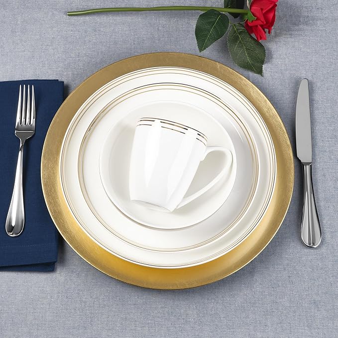 Everyday White by Fitz and Floyd Nevaeh Bone China Coupe Gold Bands Dinnerware Set Service for 4