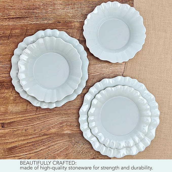 Pfaltzgraff Graceful Petals 12 Piece Stoneware Dinnerware Set Service for 4 Scalloped Plates Bowls for Everyday Use Blue
